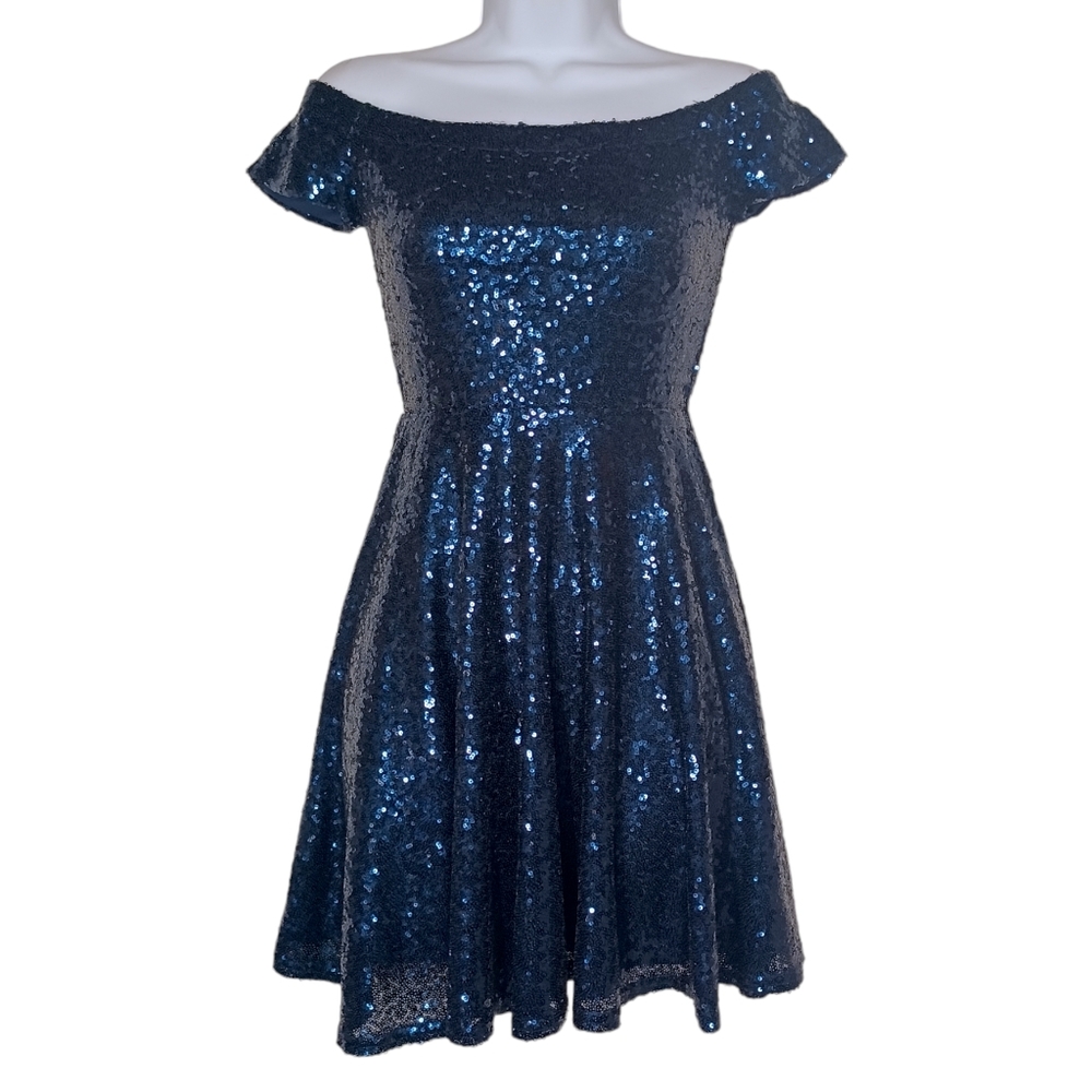 LULU'S Sequin Blue Off Shoulder Fit & Flare Cocktail Mini Party Dress X-Small